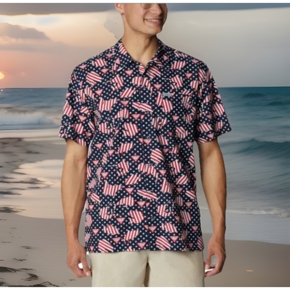Columbia Men's Medium PFG Trollers Best Vented Patriotic USA Flag Fishing Shirt